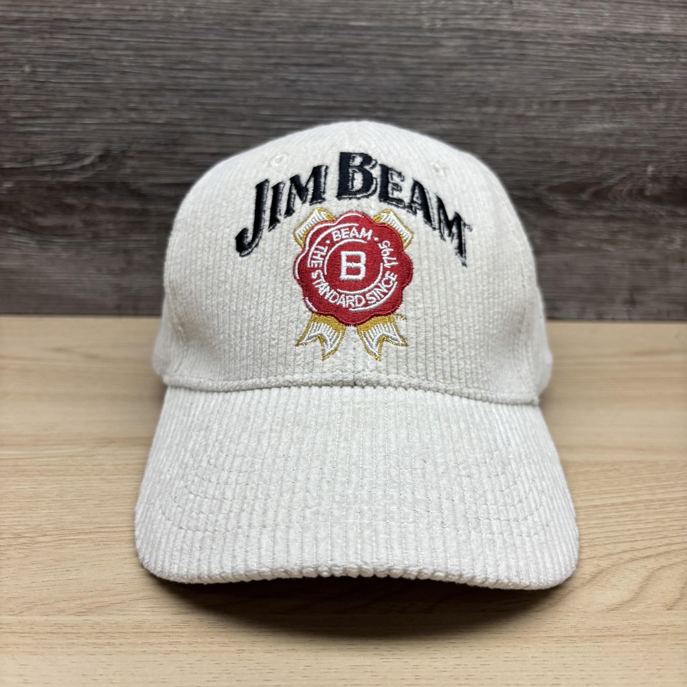 Jim Beam Hat Cap Strap Back Cream Corduroy Embroidered Baseball Logo Mens